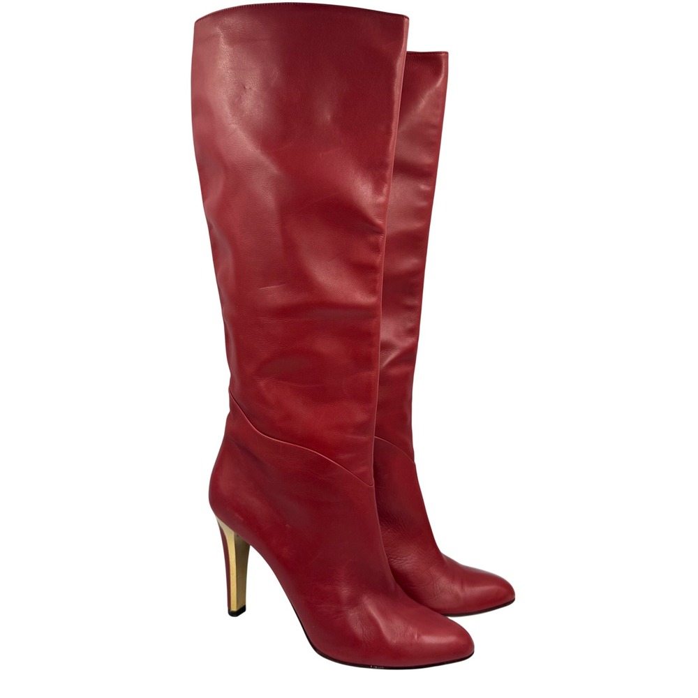 Jimmy Choo Knee High Boots Women 36.5 Red Leather Gold Stiletto Heel